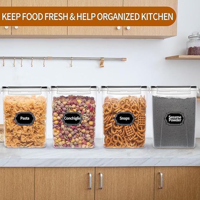 4 Pack Large Airtight Food Storage Containers with Lids (5.2L / 176oz), BPA Free Plastic Kitchen and Pantry Organization Contianers for Cereal Flour and Sugar Storage, Labels & Marker-NeatNest