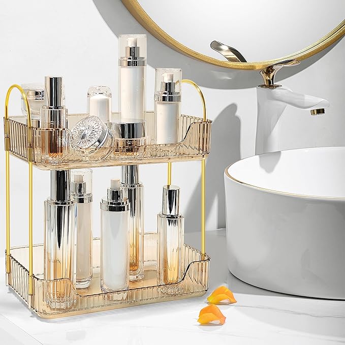 Bathroom Counter Organizer Countertop Storage Skincare Countertop Makeup Organizer Cosmetics Skincare Organizers Holder for Perfume-Amber-golden pole-NeatNest
