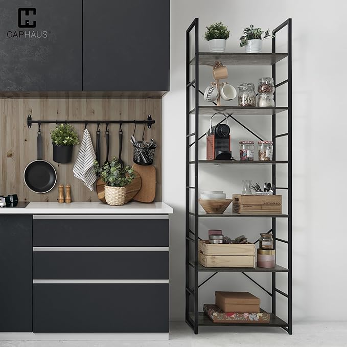 CAPHAUS 6 Tier Bookshelf, 24 Inch Width Free Standing Shelf, Bookcase Shelf Storage Organizer, Industrial Book Shelves for Home Office, Living Room, Kitchen, Dark Grey Vintage Shelves & Metal Frame-NeatNest