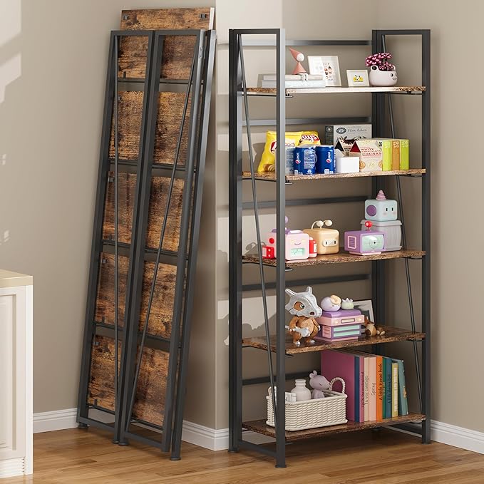 BHG Vintage Multifunctional Folding Bookshelf, No-Assembly Plant Stand Storage Rack Shelves for Home Office (Fire, 5-Tier)-NeatNest