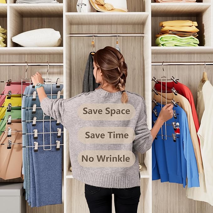 4 Pack Pants & Skirt Hangers Space Saving Hanging Closet Organizer and Storage, Upgrade Skirt Hangers with Clips and 360° Swivel Hook, Closet Storage-NeatNest