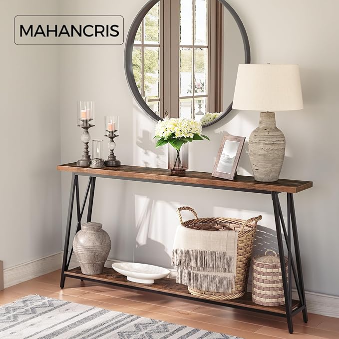 Console Table, 63" Industrial Entryway Table, Extra Long Sofa Table Behind Couch, X-Shaped Support, for Entryway, Hallway, Living Room, Rustic Brown CTHR4801Z-NeatNest