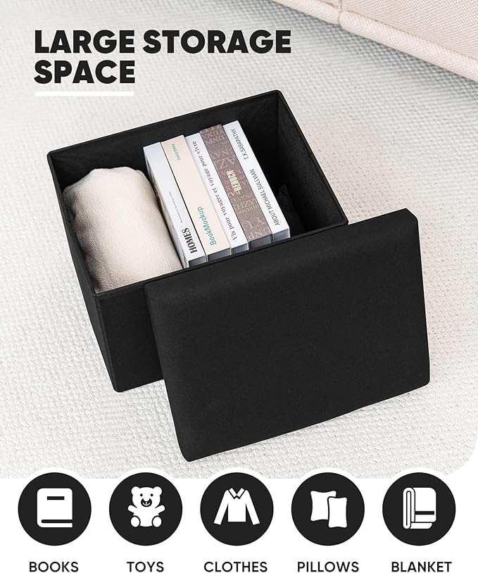 B FSOBEIIALEO Folding Storage Ottoman Cube Linen Ottomans for Living Room, Bedroom, Home Office, Dorm Storage Footrest Black 16.5"x12.6"x12.6"