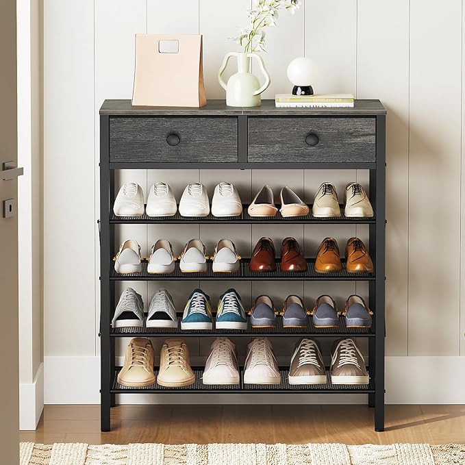 5 Tier Shoe Rack, Large Capacity Shoe Storage Organizer, Metal Shoe Shelf with Drawer and Wooden Top, for 20 Pairs of Shoes, for Entryway, Closet, Charcoal and Black SS25BCY1-NeatNest