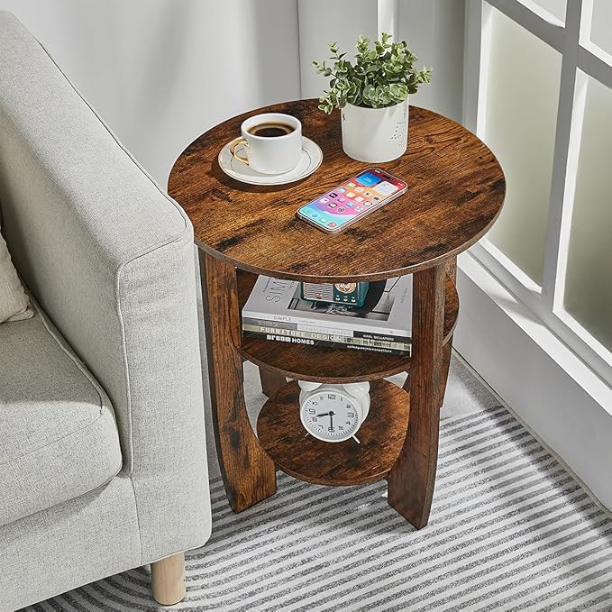 Round End Table with Storage Shelf,3 Tier Modern Side Table, Sofa Recliner Side Table,Accent Coffee Table,Nightstand for Living Room Bedroom for Small Spaces,19.7" D x 21.7" H