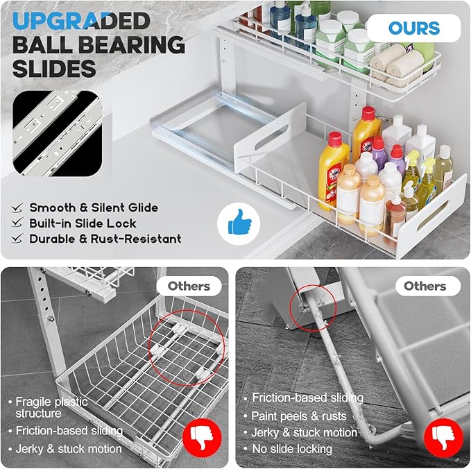 2 Pack 18 IN Depth Under Sink Organizer with Smooth Ball Bearing Slides,2-Tier Pull Out Cabinet Storage,Slide Out Drawers for Bathroom&Kitchen,Rust-resistant Coating,Height Adjustable-White-NeatNest