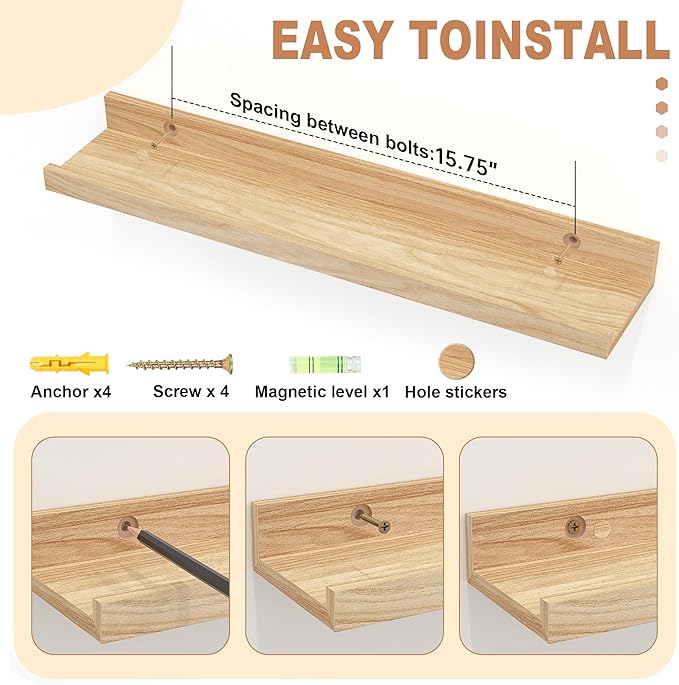 Floating Shelves Wall Mounted Set of 2,Wall Shelves for Decor Storage 23.6 Inch, Wall Mounted Wood Shelves for Bedroom, Living Room, Bathroom, Kitchen, Office, Natural-NeatNest
