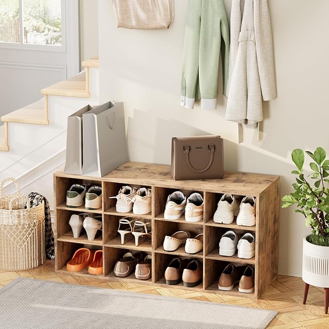 12-Cubby Shoe Rack, 3-Tier Wood Shoe Organizer, Multifunctional Shoe Organizer Bench for Entryway, Mudroom, Hallway, Closet,36.22 * 11.81 * 17.72 Inch,Brown-NeatNest