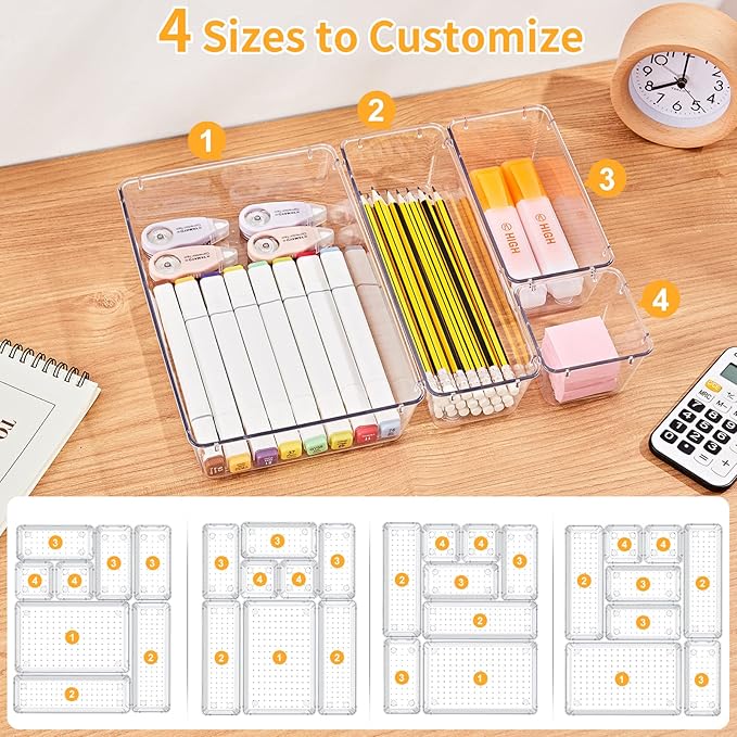 SMARTAKE 28 Piece Drawer Organizers with Non-Slip Silicone Pads, 4-Size Desk Drawer Organizer Trays Storage Tray for Makeup, Jewelries, Utensils in Bedroom Dresser, Office and Kitchen, Clear-NeatNest