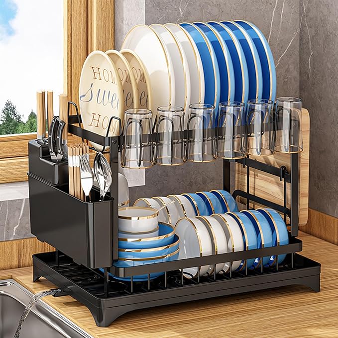 Dish Drying Rack - Carbon Steel Dish Rack for Kitchen Counter, 2-Tier Kitchen Organizers and Storage Rack with Drainboard and Cutlery Holder, Large
