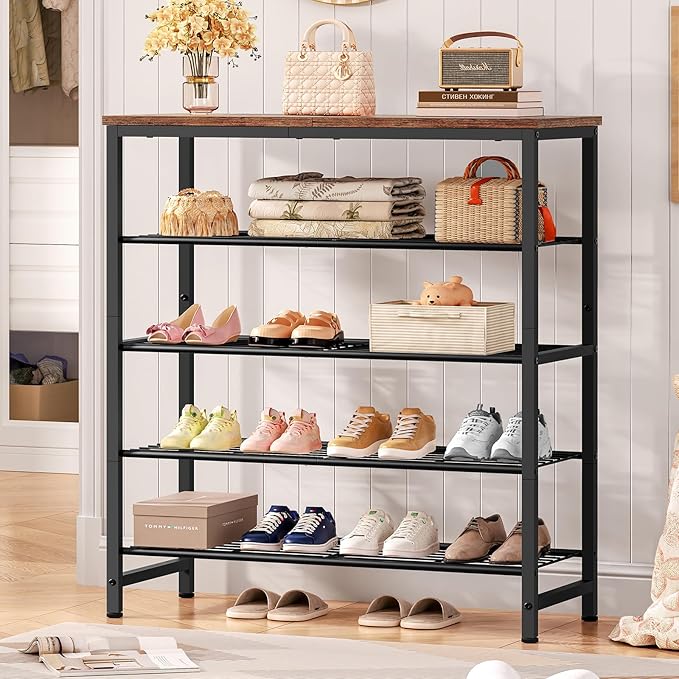 usikey 5-Tier Shoe Rack, Industrial Shoe Storage Organizer for 12-16 Pairs of Shoes, Metal Shoe Shelf with Wooden Top, Shoe Stand with 3 Metal Shelves for Entryway, Hallway, Closet, Rustic Brown-NeatNest