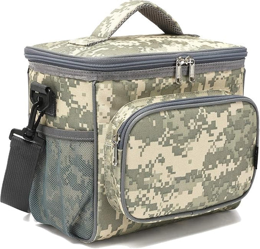 FlowFly Insulated Reusable Lunch Bag Adult Large Lunch Box for Women and Men with Adjustable Shoulder Strap,Front Zipper Pocket and Dual Large Mesh Side Pockets,DigitalCamo-NeatNest