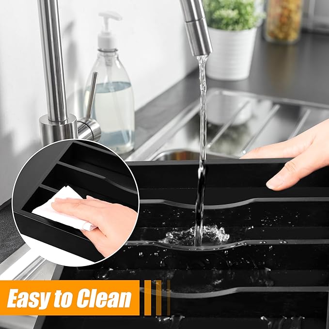 Bellsal Bamboo Silverware Drawer Organizer, Utensil Kitchen Drawer Organizer, Utensil Holder Cutlery Tray with Grooved Drawer Dividers for Kitchen Utensils and Flatware Bedroom Office (7 Slot, Black)-NeatNest