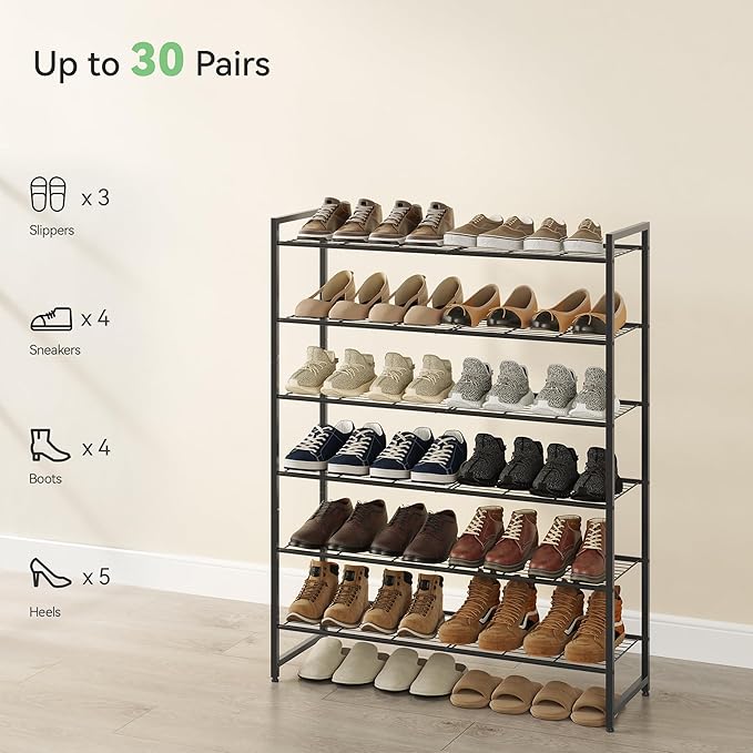 Shoe Rack, Metal Shoe Organizer, 6 Tier Garage Shoe Rack Max Holds 30 Pairs,Shoe Storage Shelf for Closet,Entryway, Black-NeatNest