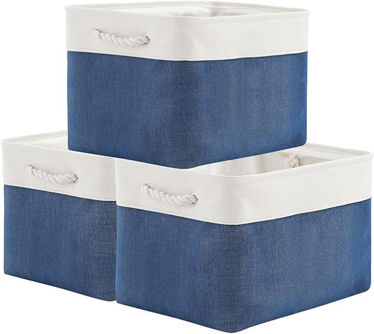 TheWarmHome Organization and Storage for Organizing - 3 Pack 16x12x12 inch Cube Storage Bin for Shelves, Fabric Storage Cubes for Closet Cloth Organizer Gift Toy (White & Jean Blue)-NeatNest