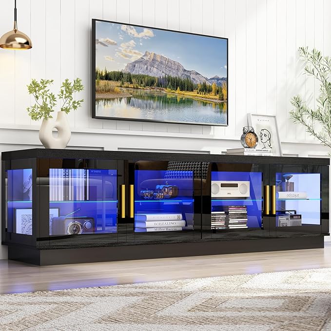 71IN LED TV Stand for 85/80/75inch TV,High Glossy Modern Black TV Stands for Living Room,Gaming Entertainment Center with Storage Cabinet,RGB LED(Black)-NeatNest