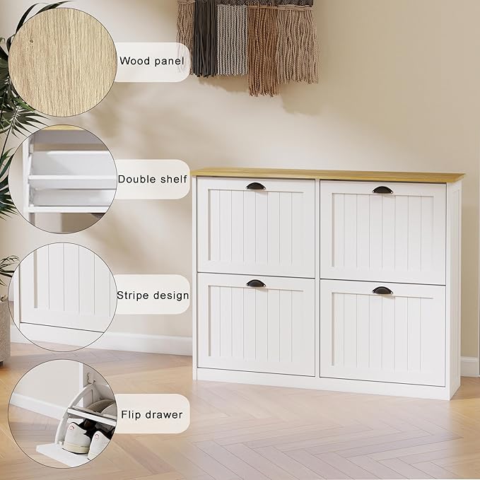 RASOO Shoe Storage Cabinet with 4 Flip Drawers, Freestanding Farmhouse Shoes Organizer Cabinets for Entryway Slim Shoe Rack Cabinet with Adjustable Shelf & Anti-Tipping, White-NeatNest