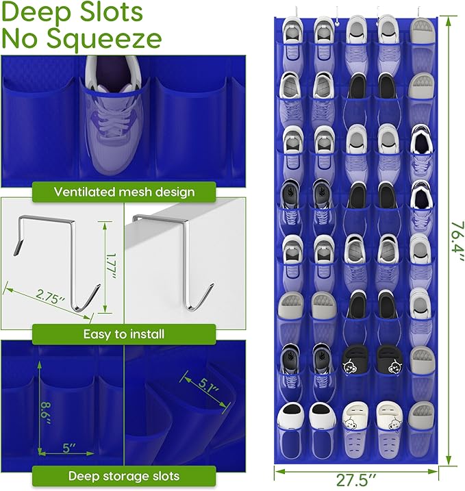 Unjumbly Over the Door Shoe Organizer with 40 Large Breathable Mesh Pockets, Space Saving Shoe Holder, Hanging Shoe Rack for Entryway Bedroom Closet Storage (Navy Blue, 40 Pockets)-NeatNest
