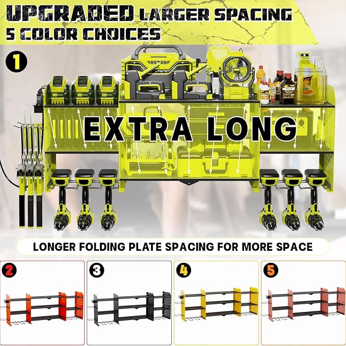 45" Large Power Tool Organizer Wall Mount with Charging Station - 3 Layer Storage Racks with 8 Cordless Drill Holder, 4 Hooks, Heavy Duty Garage Tool Organizer Storage for Workshop Pegboard Basement