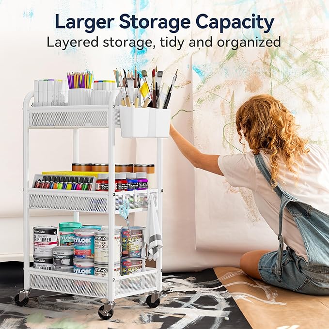YASONIC 3 Tier Rolling Cart – Metal Utility Storage Cart with Wheels, Craft Carts Organizer with Hanging Cups, Hooks, Mesh Basket for Bedside Kitchen Office Art, White