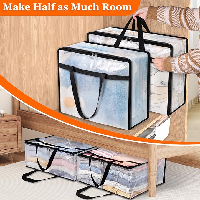 4 Pack Clear Storage Bags for Comforter, Clothes & Bedding, Plastic Blanket Storage with Zipper and Handle, Moving Bags, Closet Organizer and Under-Bed Storage (60L)-NeatNest