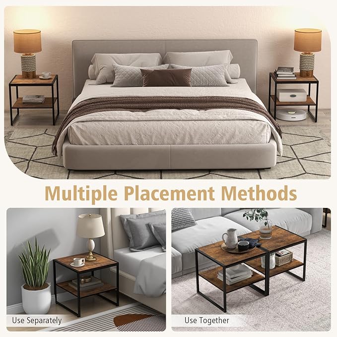 End Table Set of 2, Industrial 2-Tier Side Tables with Open Shelf, 20" Square Coffee Table with Heavy-Duty Metal Frame, Compact Tea Table Nightstand for Living Room, Bedroom, Hallway