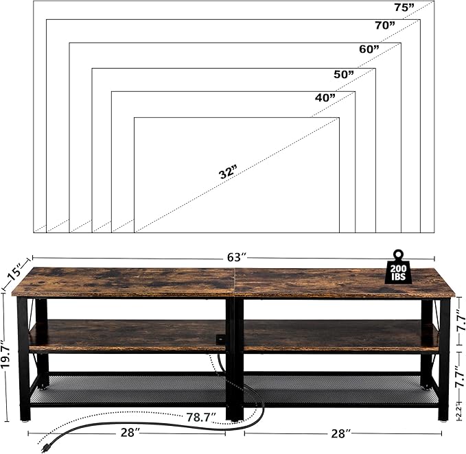 Clikuutory Modern Brown 63 inch Metal TV Stand with LED Lights and Power Outlets for 40 50 55 60 65 70 Inch TVs, 3 Tier Television Stands with Entertainment Center and Storage for Living Room, Bedroom-NeatNest
