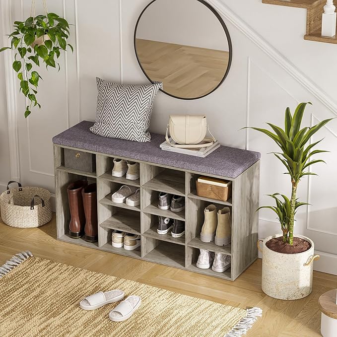 DINZI LVJ Shoe Storage Bench with Cushion, 16-Cubby Shoe Rack, Adjustable Shelves, Multifunctional Shoe Organizer Bench for Entryway, Mudroom, Hallway, Living Room, Bedroom and Garage, Gray Wash-NeatNest