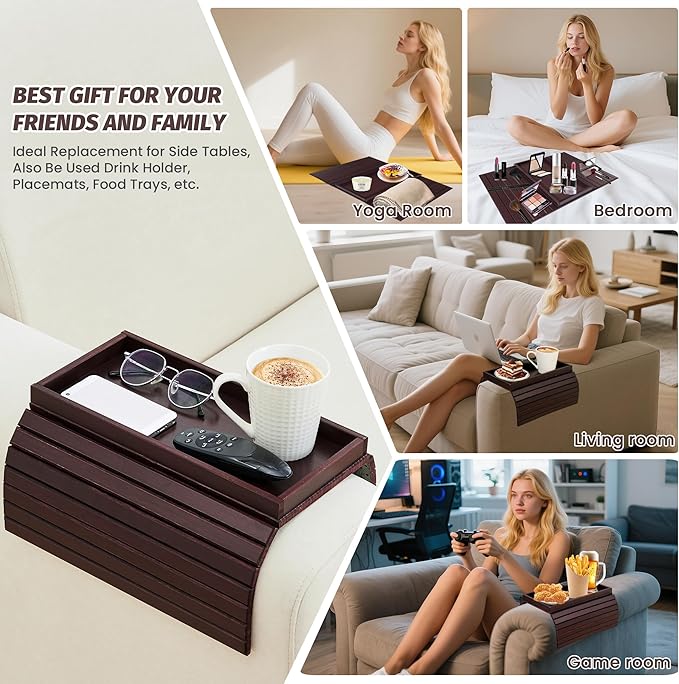 GEHE Bamboo Sofa Arm Tray, Foldable Couch Arm Tray Side Table, Anti-Falling Armrest Tables Cup Holder for Snacks, Drinks, Beers, Phone, Control, Flexible and Portable, Anti-Slip Bottom-NeatNest