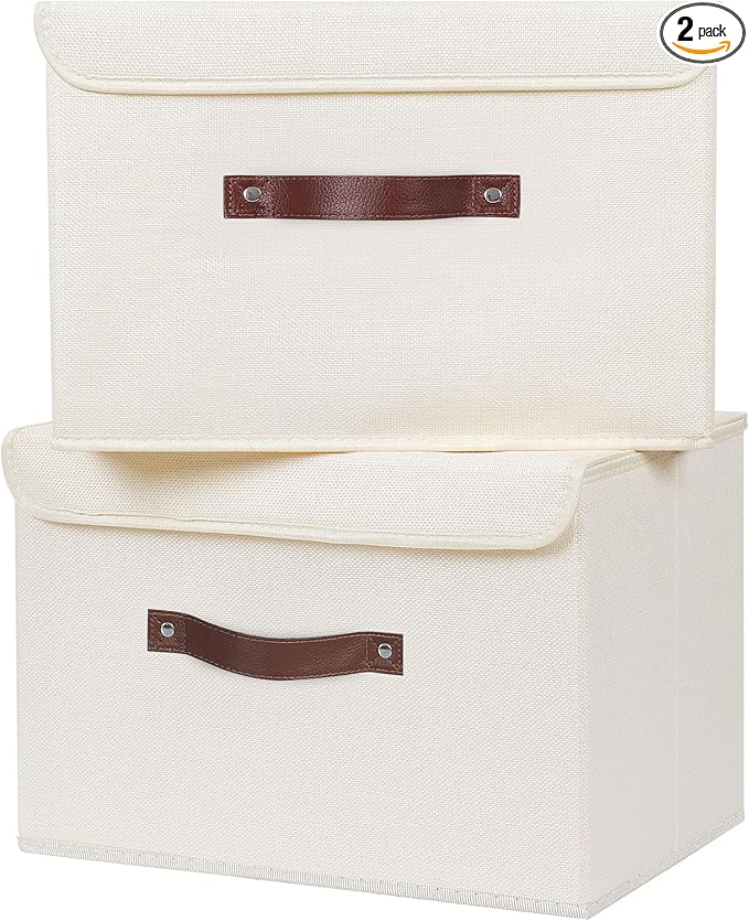 ANMINY 2PCS Storage Bins with Lid PU Leather Handles Storage Boxes PP Plastic Board Decorative Foldable Lidded Cotton Linen Fabric Home Cubes Baskets Closet Organizer Containers - Beige, Large Size-NeatNest