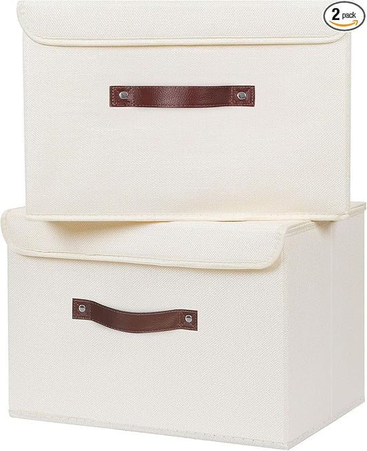 ANMINY 2PCS Storage Bins with Lid PU Leather Handles Storage Boxes PP Plastic Board Decorative Foldable Lidded Cotton Linen Fabric Home Cubes Baskets Closet Organizer Containers - Beige, Large Size-NeatNest
