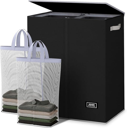 SOLEDI Double Laundry Hamper with Lid and Removable Laundry Bags - Large Dirty Clothes Hamper 2 Section - Collapsible Laundry Baskets for Bedroom, Bathroom, Laundry room, Apartment, Black-NeatNest