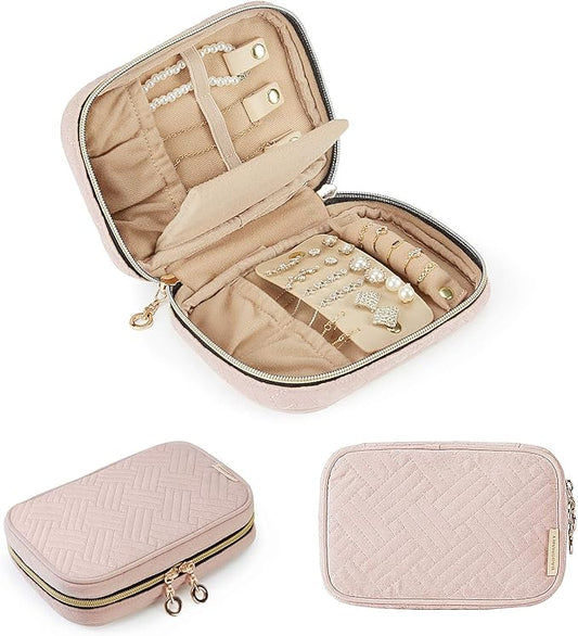 BAGSMART Travel Jewelry Organizer Case Small Jewelry Roll for Journey-Rings, Necklaces, Earrings, Bracelets, Soft Pink-NeatNest
