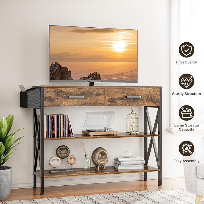 Gizoon 39" Entryway Table with 2 Drawers and 3 Tier Storage Shelves, Industrial Narrow Long Sofa Table, Farmhouse Style Console Table for Living Room, Hallway, Couch, Small Spaces - Rustic Brown-NeatNest