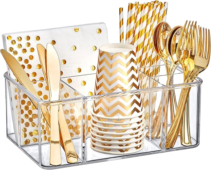 Amazing Abby - Felicia - Plastic Flatware Organizer, 5-Compartment Utensil Holder, Paper Plate Holder, Cutlery and Silverware Storage for Countertop, Perfect Storage Solution for Home and Restaurant