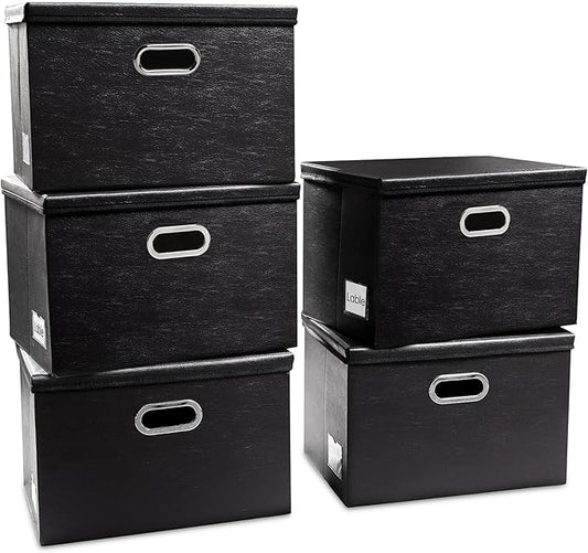PRANDOM Foldable Storage Bins with Lids [5-Pack] Leather Fabric Collapsible Storage Boxes Organizer Containers Baskets Cube with Cover for Bedroom Closet Office Nursery Black (14.9x10.8x10)-NeatNest