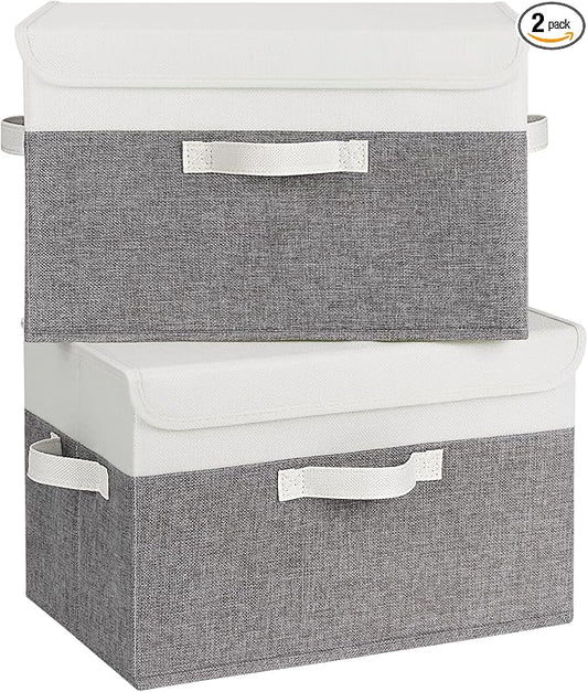 GRANNY SAYS Fabric Storage Boxes, Keepsake Box, Large Storage Bins with Lids, Closet Organizers, Toy Organizer, Storage Baskets for Shelves, White/Gray, 2-Pack-NeatNest