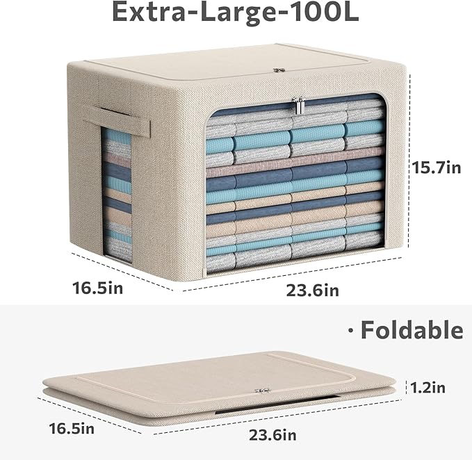 3Pack Foldable Storage Bins - Frame Storage Box Linen Fabric Stackable Clothes Container Organizer with Clear Window & Carry Handles Large Capacity (Extra Large-100L, Beige)-NeatNest