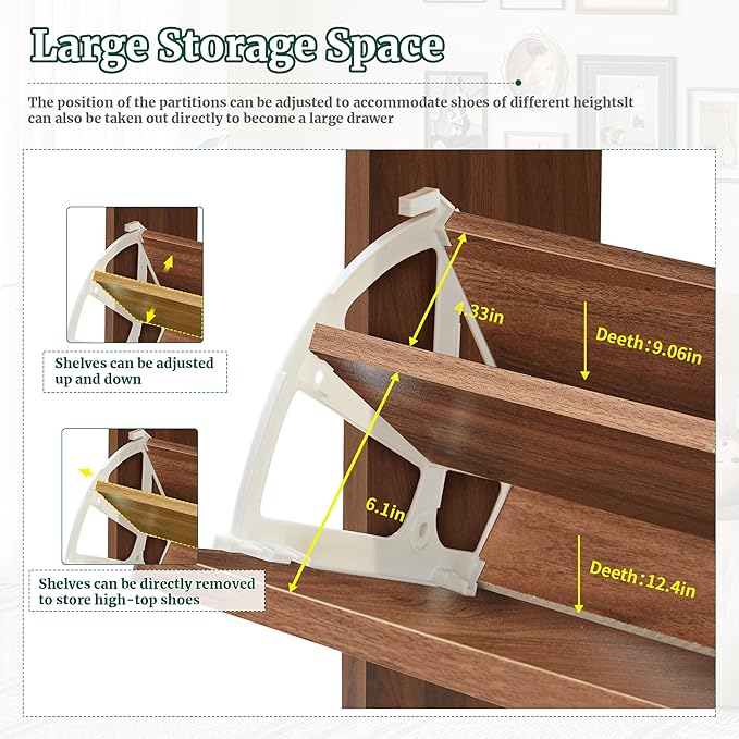 47" Fluted Large Shoe Cabinet with 4 Flip Drawers, Slim Freestanding Shoe Cabinet Organizer, Narrow Shoes Storage Rack for Entryway, 5 Sturdy Legs (Walnut, 9.45" D x 47.24" W x 35.83" H)