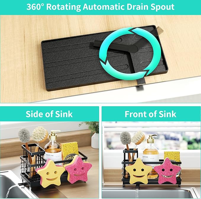 HapiRm Sink Caddy Sponge Holder - Self-draining Kitchen Sink Organizer with Smiley Face and Brush Holder, Stainless Steel Kitchen Sponge Caddy for Countertop - Black