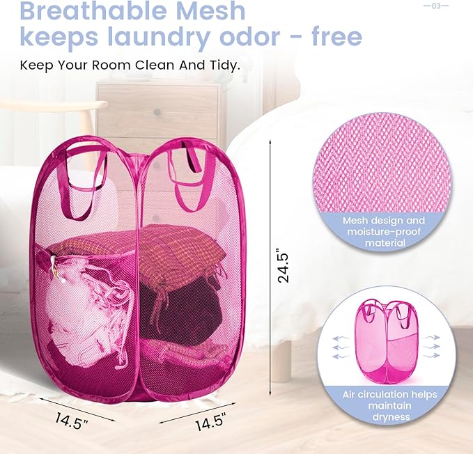 HOUSE AGAIN 2 Pcs Pop Up Laundry Hamper, Strong Mesh Laundry Baskets Collapsible, Hamper with Handles and Side Pocket, Portable Foldable Dirty Clothes for Dorm, Laundry room and Travel Storage, Grey-NeatNest