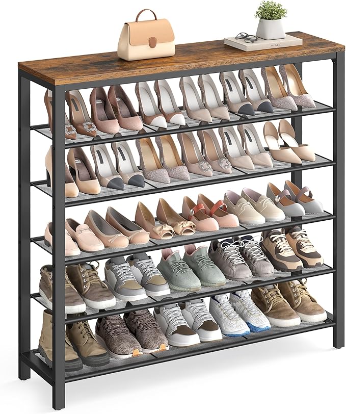VASAGLE 6-Tier Shoe Rack, Shoe Organizer for Closet, Entryway, 24-30 Pairs of Shoes, Large Shoe Rack Organizer with 5 Metal Mesh Shelves, 11.8 x 39.4 x 43.3 Inches, Rustic Brown and Black ULBS016B01-NeatNest