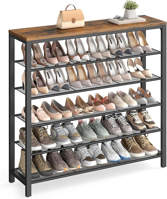 VASAGLE 6-Tier Shoe Rack, Shoe Organizer for Closet, Entryway, 24-30 Pairs of Shoes, Large Shoe Rack Organizer with 5 Metal Mesh Shelves, 11.8 x 39.4 x 43.3 Inches, Rustic Brown and Black ULBS016B01-NeatNest