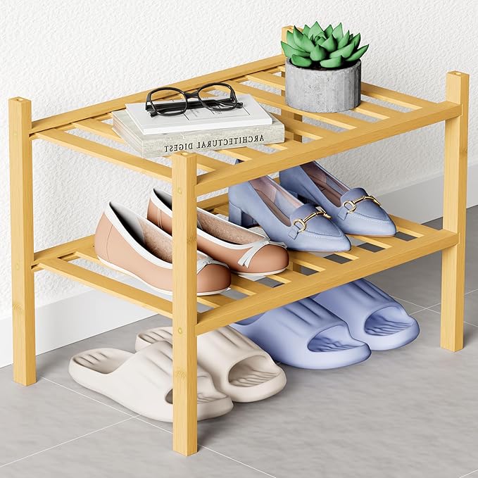 Smiry Bamboo Shoe Rack for Closet, 2 Tier Small Wooden Stackable Shoe Organizer, Free Standing Shoes Storage Shelf for Entryway, Front Door Entrance, Natural-NeatNest