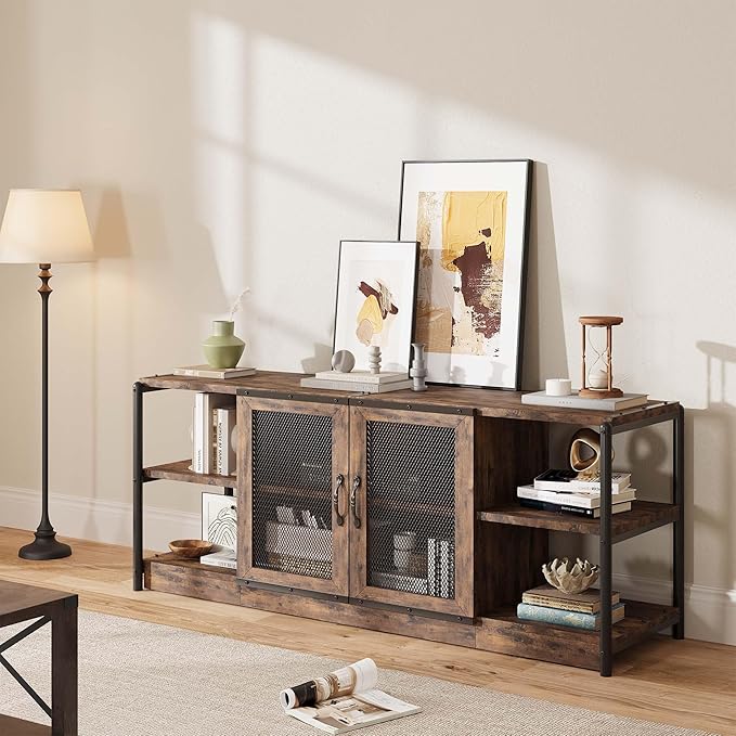 CABIHOME Farmhouse TV Stand for 65/75 inches TVs, Entertainment Center with Storage Cabinet and Mesh Doors, Industrial TV Media Console Cabinet Table, Media Furniture for Living Room, Vintage-NeatNest