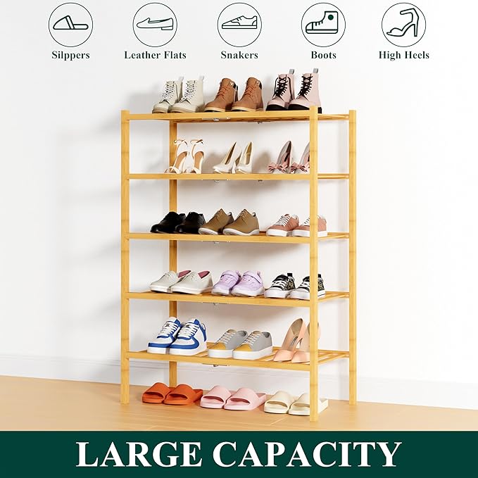 Smiry Shoe Rack, 5 Tier Thick Bamboo Shoe Organizer, Stackable Free Standing Wooden Shoe Storage Shelf for Closet, Entryway, Front Door Entrance, Natural-NeatNest