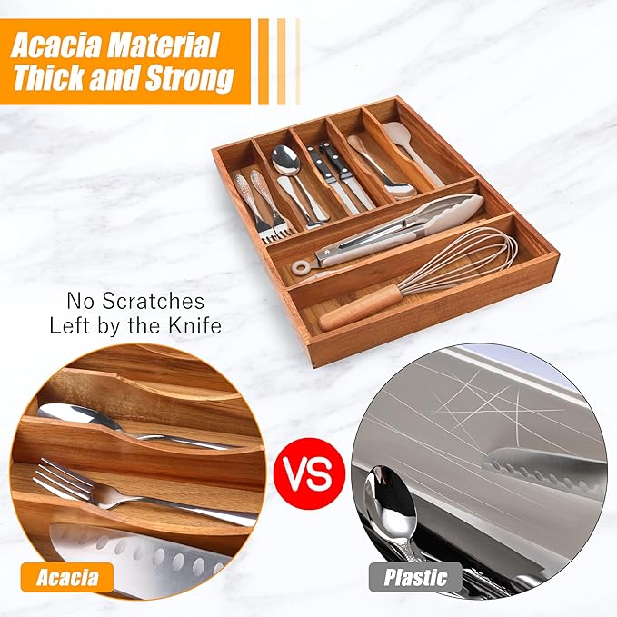 Bellsal Bamboo Silverware Organizer, 12"x15.7" Utensil Holder Cutlery Tray with Grooved Drawer Dividers for Kitchen Flatware, Bedroom, Office (7 Slot, Acacia)-NeatNest