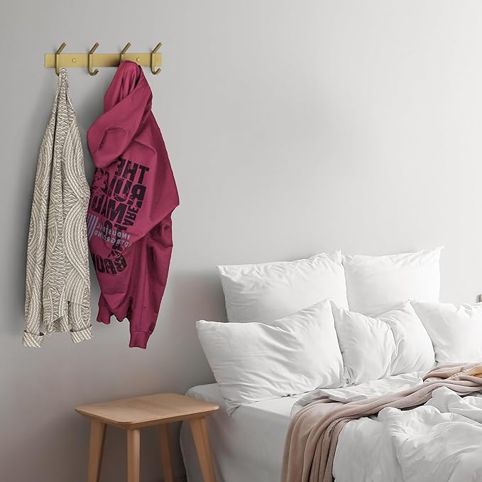 Brushed Gold Wall Mounted Coat Rack – 12 Inch Stainless Steel Rail with 4 Double Coat Hooks for Entryway, Bathroom, Bedroom, Kitchen – Modern Gold Hook Rack for Coats, Hats, Towels-NeatNest