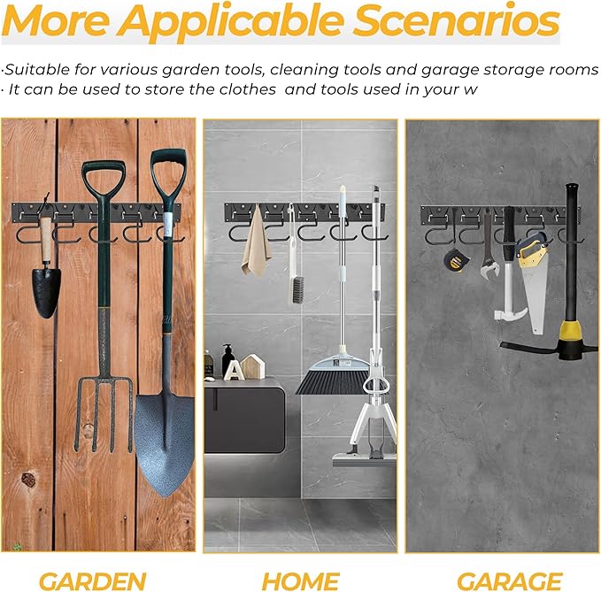 34 Inch Garden Tool Organizer Wall Mount with Non Slip Rubber Coated Metal Hooks, Storage Rack for Indoor/Outdoor Shovel, Rake, Mop and Broom Holder Wall Mount （ 10 Hooks+10 Holders-NeatNest