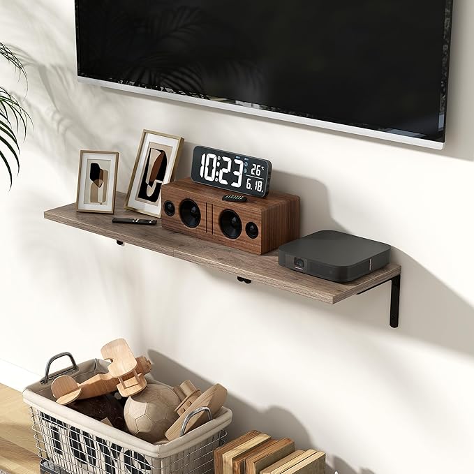 Fun Memories Deep Floating Shelves, 16W x 8D Floating Shelves Set of 2, Wall Mounted Shelf with Metal Brackets, Rustic Wood Wall Shelf for Bathroom, Kitchen and Living Room, Grey-NeatNest